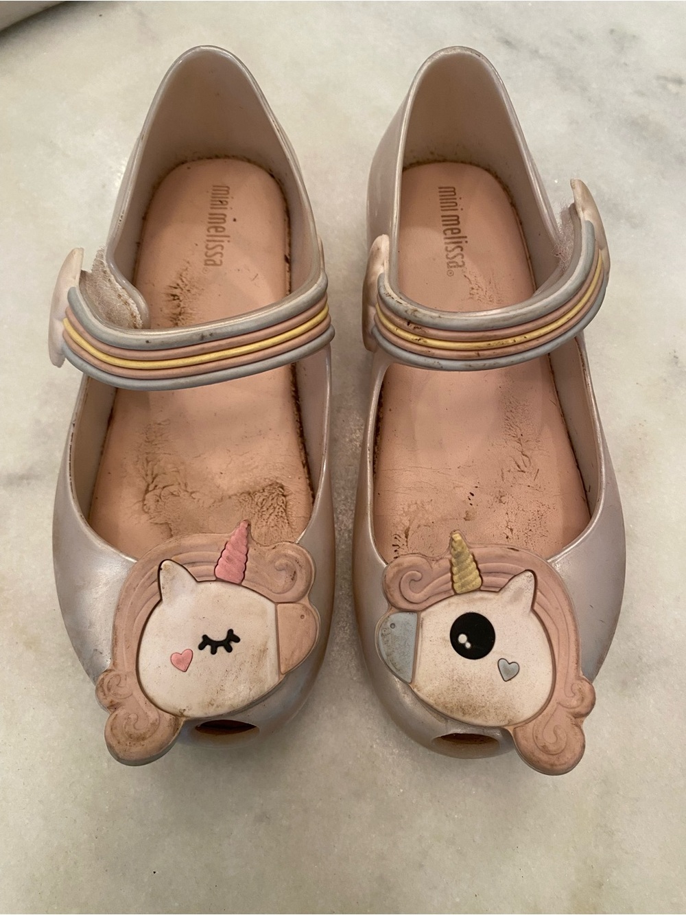 Mini Melissa Pink Unicorn Mary Jane Flats with Rainbow Strap